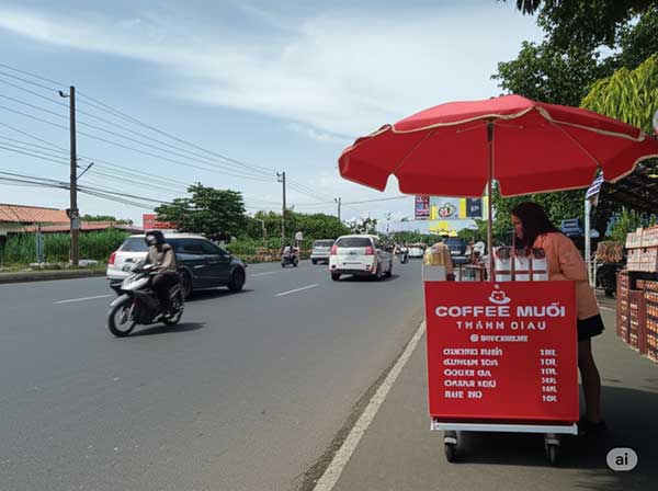 thiết kế xe cà phê nhỏ gọn dù che nắng